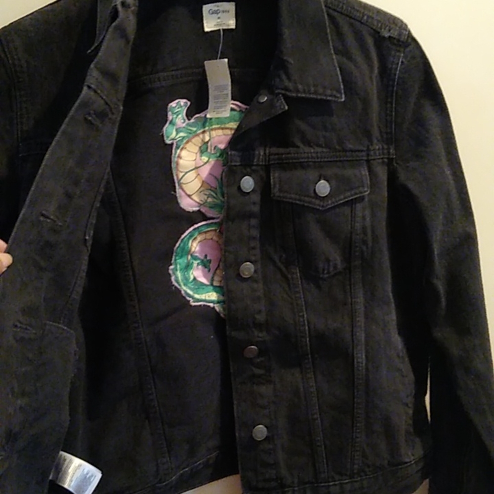 Gap jean jacket with custom Shenron detail and Dragon Ball Z insignia inside